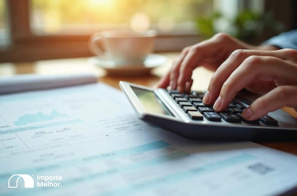 Mãos calculando alíquotas de PIS COFINS importação crédito sobre documentos fiscais impressos