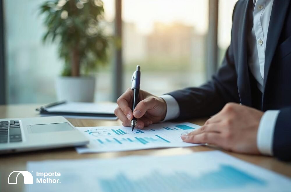 Empresário assinando pedido de restituição de crédito PIS COFINS importação em escritório moderno