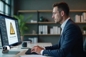 Empresário diante de notebook com Portal Único fora do ar durante manutenção de julho de 2026