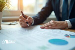 Empresário revisando contrato de responsabilidade solidária em importação por conta e ordem