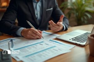 Empresário analisando custos de Simples Nacional importação em planilhas impressas