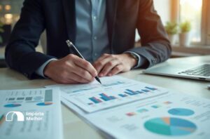 Empresário analisando documentos de trade finance importação em escritório moderno