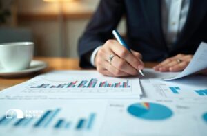 Empresário analisando documentos de trade finance importação sobre mesa de escritório